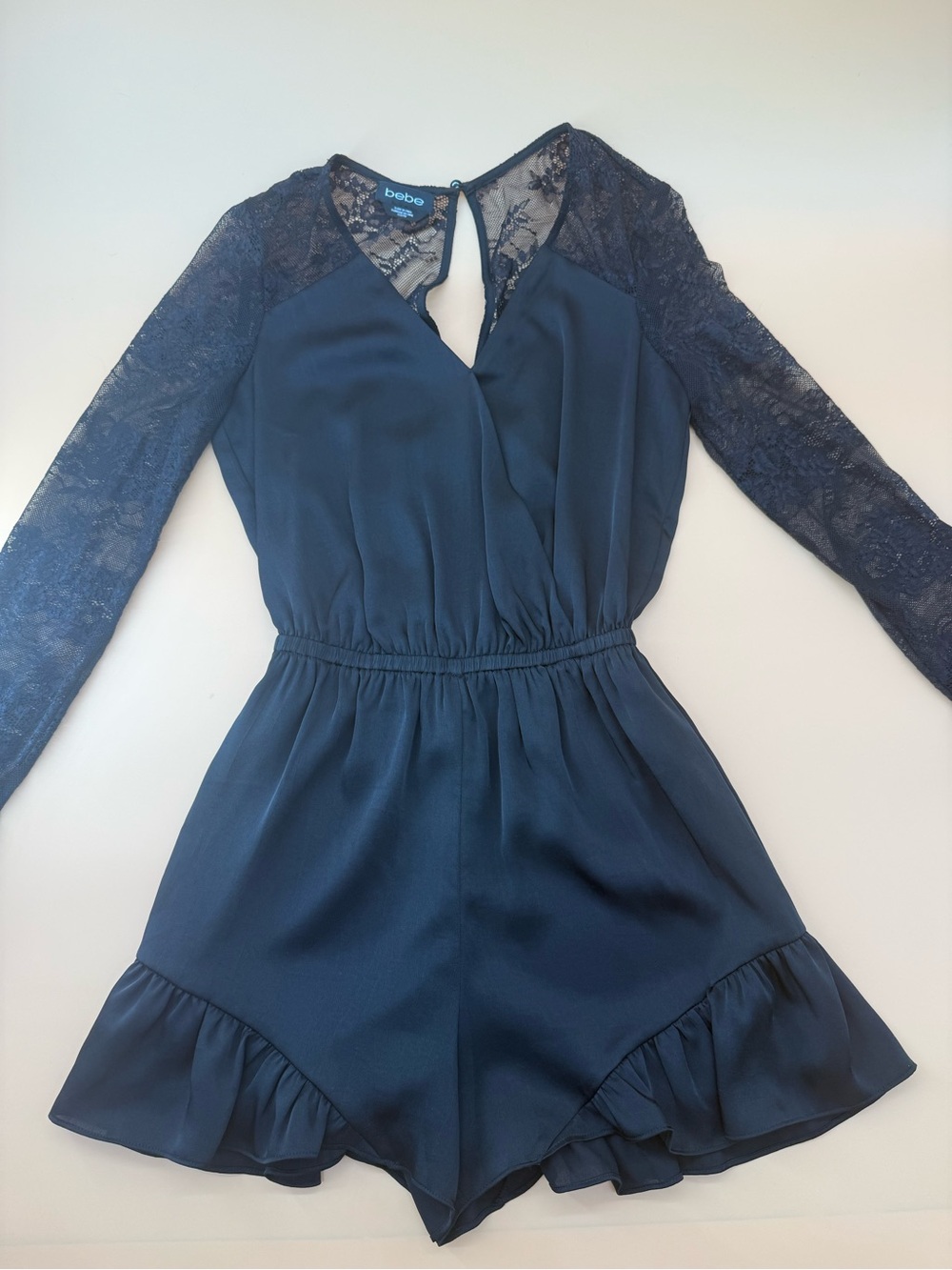 bebe Black Lace-Sleeve Romper with Ruffle Hem Sleek Babydoll‎ Camisole Style